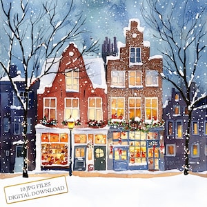 Rangée de maisons dans la rue enneigée Clipart Bundle - 10 JPG aquarelles de haute qualité - vacances d'hiver, journalisation, fournitures de scrapbooking en téléchargement numérique