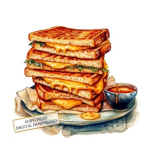 Paquete de imágenes prediseñadas de sándwich de queso a la parrilla: 10 imágenes en acuarela de alta calidad (JPG). Arte culinario, material para diario, álbumes de recortes y descarga digital.