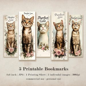 5 hojas de marcapáginas imprimibles con el gato Purrfect Love y rosas rosadas, 5 marcapáginas JPG tamaño 2x6, sublimación, juego de marcapáginas, descarga digital