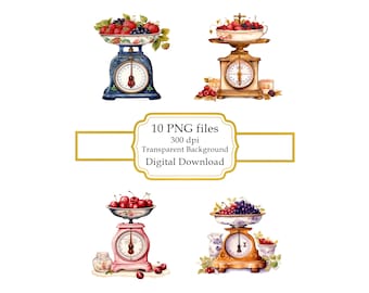 Retro keukenweegschaal met fruit PNG-clipartbundel - digitale download