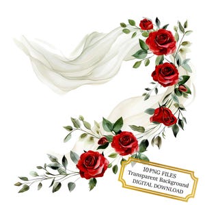 Wedding Decor with Veil and Red Roses PNG Clipart Bundle- Digital Download