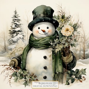 Vintage Snowman in Winter Scenery Clipart Bundle- 10 High Quality Watercolor JPGs- Christmas, Craft, Scrapbook Supply, Digital Download