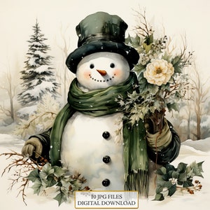 Bonhomme de neige vintage en hiver paysage Clipart Bundle-10 JPG aquarelles de haute qualité-Noël, artisanat, fournitures de scrapbooking, téléchargement numérique