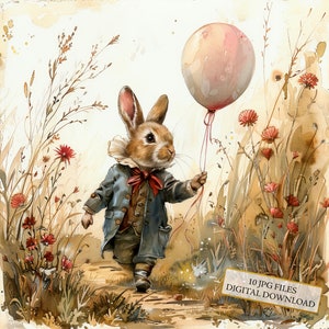 Bunny Boy met ballon in wilde bloemen gearchiveerd clipartbundel-10 hoge kwaliteit aquarel jpg's-lente, journaling, plakboek, digitale download