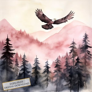 Eagle Flying por Purple Misty Mountain Forest Clipart Bundle - 10 JPGs de aquarela de alta qualidade - Diário, álbum de recortes, download digital