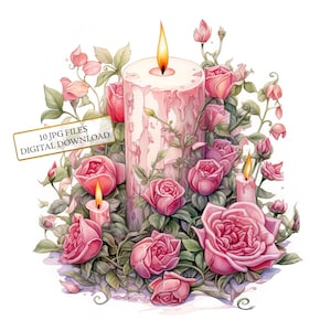 Wild Rose Kerze Clipart Bundle - 10 hochwertige Aquarell JPGs - Basteln, Journaling, Scrapbook Versorgung, digitaler Download