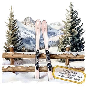 Paar ski's in besneeuwde landschap clipartbundel-10 hoge kwaliteit aquarel png's-winter, journaling, scrapbook levering, digitale download