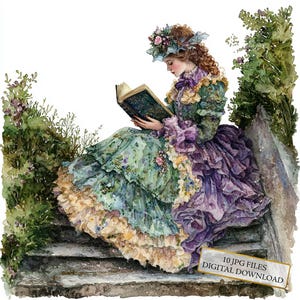 Viktorianische lesende Frau sitzend auf Treppen Clipart Bundle - 10 hochwertige Aquarell JPGs - Vintage, Journaling, Scrapbook, digitaler Download