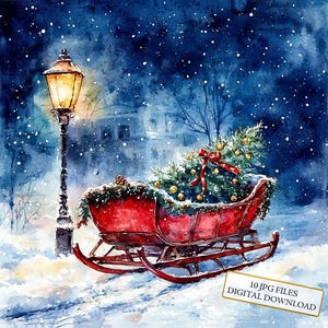 Traîneau rouge avec un sapin de Noël Clipart Bundle-10 JPG aquarelles de haute qualité - journalisation, fournitures de scrapbooking, téléchargement numérique