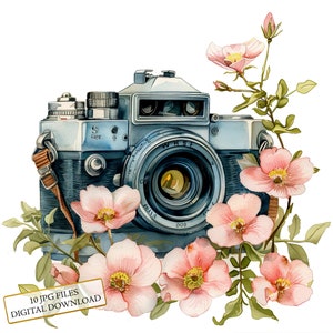 Paquete de imágenes prediseñadas de cámara retro con flores rosas: 10 archivos JPG de acuarela de alta calidad. Material para manualidades, diarios, álbumes de recortes y descarga digital.