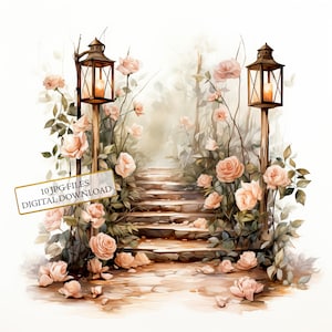 Rustiek pad met lantaarns en roze bloemen clipartbundel-10 hoge kwaliteit aquarel jpgs-journaling, scrapbooking, digitale download