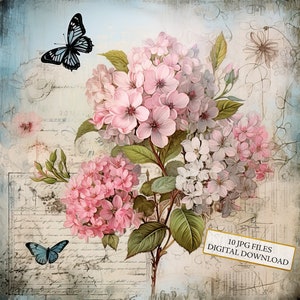 Paquete de imágenes prediseñadas de letras shabby chic con mariposas y flores: 10 archivos JPG de acuarela de alta calidad para diario, scrapbooking y descarga digital.