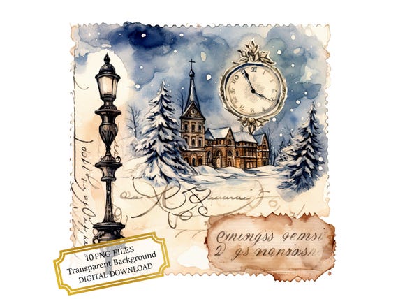 Christmas Night Vintage Postcard PNG Clipart Bundle- Digital Download