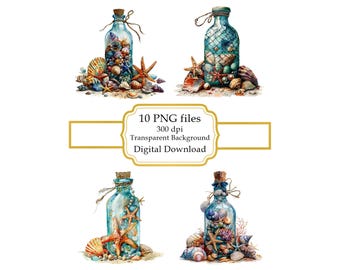 Glass Bottle Filled with Seashells and Pearls PNG Clipart Bundle- Digital Download