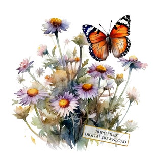 Schmetterlinge und Wildblumen Clipart Bundle - 10 hochwertige Aquarell JPGs - Meadow Art, Journaling, Scrapbook Versorgung, digitaler Download