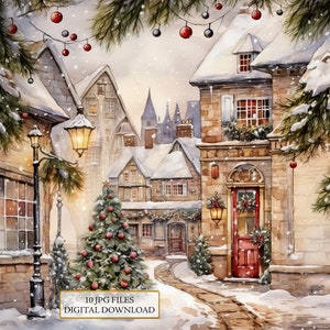 Paquete de imágenes prediseñadas de paisajes navideños nevados vintage: 10 imágenes JPG en acuarela de alta calidad. Arte navideño, material para álbumes de recortes, descarga digital.