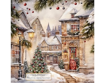 Vintage Snowy Christmas Home Scenery Clipart Bundle- 10 High Quality Watercolor JPGs- Christmas Art, Scrapbook Supply, Digital Download