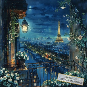 Vista nocturna de París desde una ventana con flores. Paquete de imágenes prediseñadas: 10 imágenes JPG de acuarela de alta calidad. Para diario, scrapbooking y descarga digital.