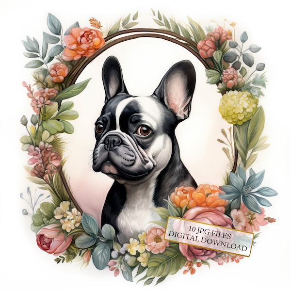 Victorian French Bulldog Portrait Clipart Bundle- 10 High Quality Watercolor JPGs- Pet Art, Journaling, Scrapbook, Digital Download