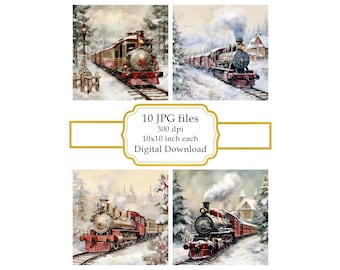 Vintage-Weihnachtszug, der schneebedeckte Stadt verlässt JPG Clipart Bundle-Digital Download