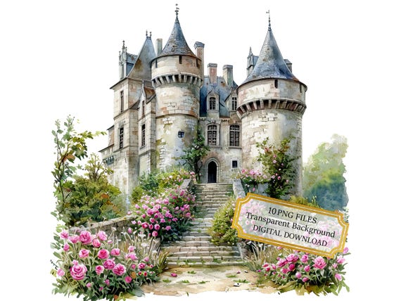 French Castle Overgrown with Flowers PNG Clipart Bundle- Digital Download