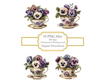 Stiefmütterchen in der viktorianischen Teetasse PNG Clipart Bundle-Digital Download