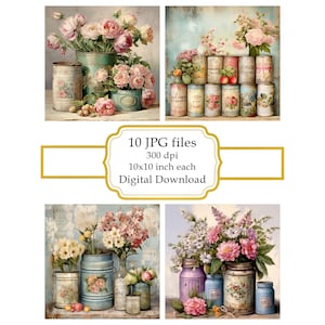 Shabby Chic Retro Cans and Flowers JPG Clipart Bundle- Digital Download