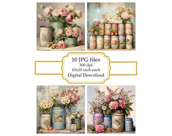 Shabby Chic Retro Burkar och Blommor JPG Clipart Bundle - Digital Nedladdning