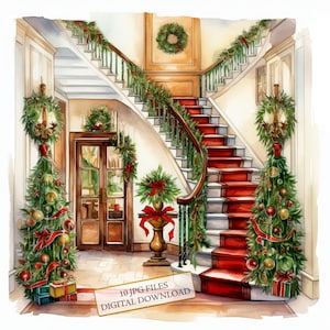 Pacchetto di clipart per l'ingresso di casa di Natale - 10 JPG ad acquerello di alta qualità - Vacanze invernali, diario, fornitura di album di ritagli Download digitale