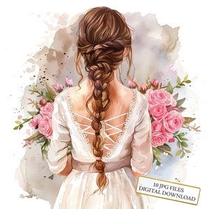Hochzeit Blumenmädchen mit rosa Rose Blumenstrauß Clipart Bundle - 10 hochwertige Aquarell JPGs - Journaling, Scrapbooking, digitaler Download
