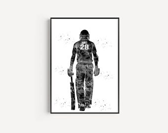 Male Cricket Player, Personalized Name and Number, Sport, Watercolor Art Gift, Printable Poster