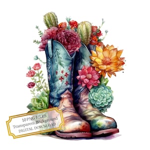 Paquete de imágenes prediseñadas de botas de vaquero con cactus: 10 PNG de acuarela de alta calidad. Arte del oeste, del desierto, para diario, scrapbooking y descarga digital.