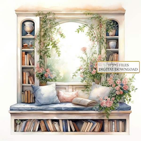 Cozy Window Nook with Books and Plants Clipart Bundle- 10 High Quality Watercolor JPGs- Home, Journaling, Scrapbook Supply, Digital Download