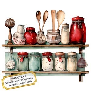 Raccolta di clipart di utensili da forno retrò su rastrelliera - 10 immagini PNG acquerellate di alta qualità - Cucina, artigianato, journaling, album, download digitale