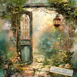 Ancienne porte de jardin menant au jardin caché Clipart Bundle - 10 JPG aquarelles de haute qualité - journalisation, fourniture de scrapbooking, téléchargement numérique