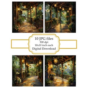 Cozy Wooden Porch with Hanging Lights JPG Clipart Bundle- Digital Download