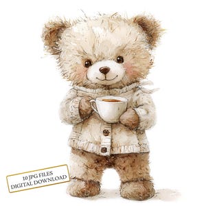 Bébé ours en peluche avec une tasse de boissons chaudes Clipart Bundle - 10 fichiers JPG aquarelles de haute qualité - chambre de bébé, journalisme, scrapbooking, téléchargement numérique