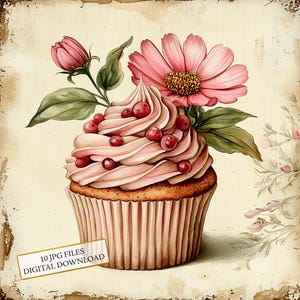 Vintage bloemen cupcake leeftijd papier clipart bundel-10 hoge kwaliteit aquarel jpg's-journaling, scrapbooking, digitale download