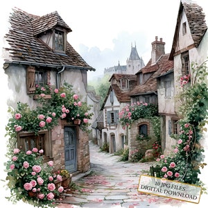 Pacote de clipart de vila francesa antiga coberta de flores - 10 JPGs de aquarela de alta qualidade - artesanato, diário, álbum de recortes, download digital