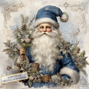 Pacote de clipart de Papai Noel azul dourado Shabby Chic - 10 JPGs de aquarela de alta qualidade - Natal, diário, suprimentos para scrapbook, download digital