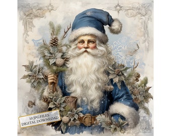 Shabby Chic Blue Gold Santa Claus JPG Clipart Bundle- Digital Download