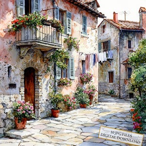 Old Italian Village Overgrown with Flowers JPG Clipart Bundle- Digital Download