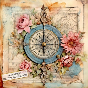 Shabby Chic Blumenkompass mit Karte Clipart Bundle - 10 hochwertige Aquarell JPGs - Decoupage, Journaling, Scrapbooking, digitaler Download