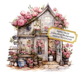 Shabby Chic Pink Rose House Clipart Bundle- 10 wysokiej jakości akwareli PNG- Garden Art, Scrapbook Supply, Digital Download