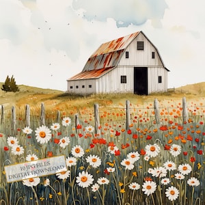 Rustic Barn on Wildflower Field Clipart Bundle- 10 High Quality Watercolor JPGs- Crafting, Junk Journaling, Scrapbooking, Digital Download