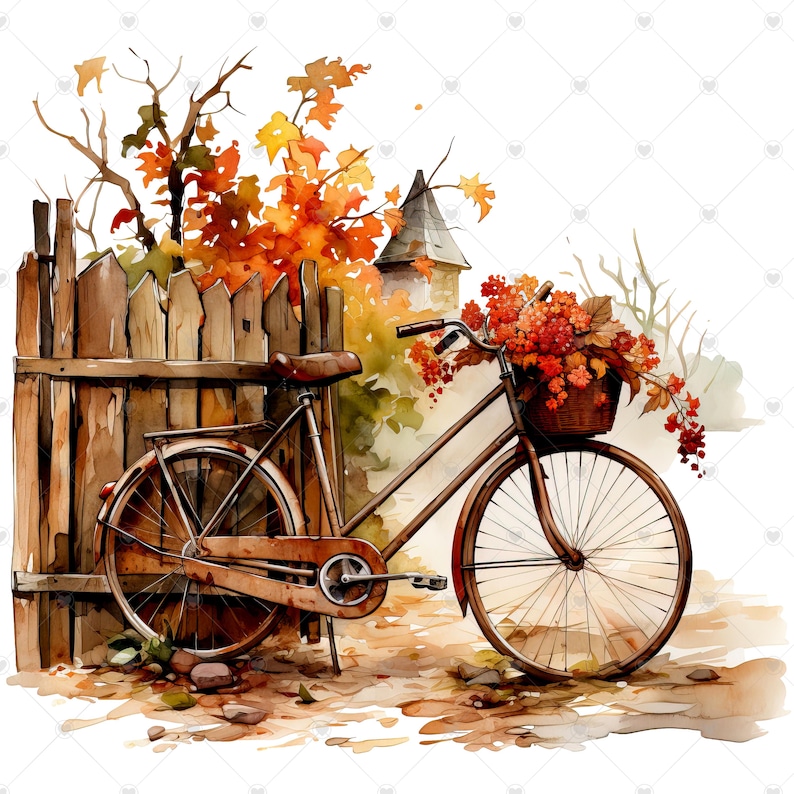 Bicycle in Autumn Street an Fall Leaves PNG Clipart Bundle- Digital ...