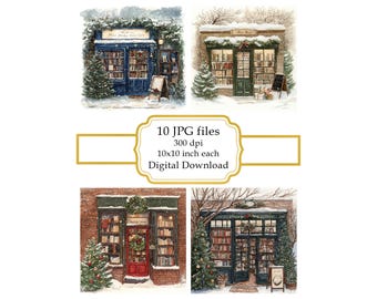 Paquete de imágenes prediseñadas JPG de la fachada de una librería navideña nevada (descarga digital)