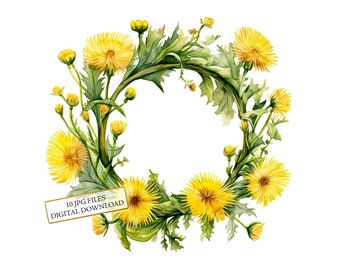 Dandelion Flower Wreath Clipart Bundle- 10 High Quality Watercolor JPGs- Nature Art, Journaling, Scrapbook Supply, Digital Download