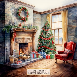 Weihnachten Wohnzimmer Clipart Bundle - 10 hochwertige Aquarell JPGs - Winter Urlaub, Journaling, Scrapbook Versorgung Digital Download