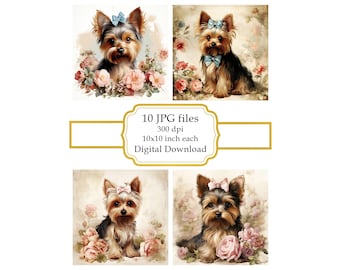 Shabby Chic Yorkshire Terrier Girl with Flowers JPG Clipart Bundle- Digital Download